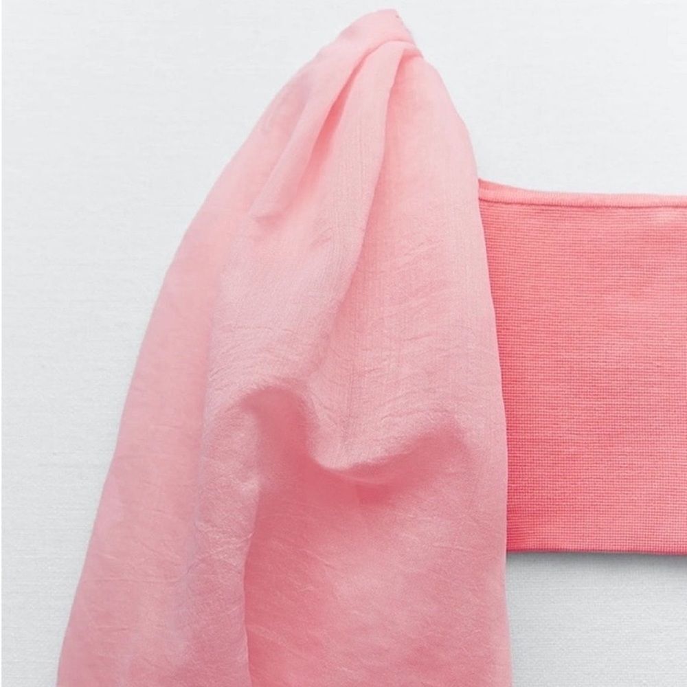 ZARA Top Pink Organza Sleeve Shirt Combination Crop Top Size M • NEW WITH TAGS • - Picture 11 of 15
